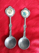 Zinn Löffel mit Keramik Bild Blume, Vintage, 2 Stück, je 17,5 cm