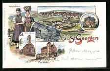 Künstler-AK St. Georgen / Schwarzwald, Gewerbe-Halle, Katholische Kirche, Volks 
