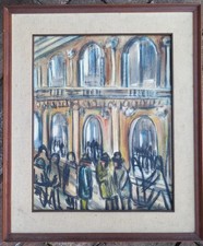 Gemälde Bild Vintage Öl auf Leinwand Gerahmt Abendszene Italien Stadt Aperitivo