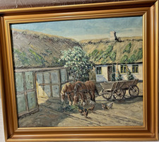 Bauernhof mit Pferden und Hühner Friedr. Ellgaard 1896-1960 dt/dän. Öl/ Leinw.