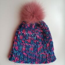 Dame Mütze Merino Wolle Beanie Mädchen M L 56 58 blau pink Stricken Handmade DIY