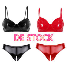 DE~Damen Wetlook Dessous Set Leder BH Oberteil Kunstleder Offen Schritt Slips