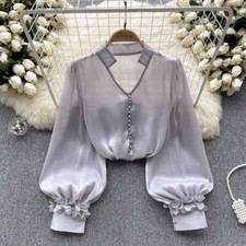 Damen Glanz Satin Bluse Shirt Top V-Ausschnitt Puffärmel Transparent Sommer Rüschenbluse