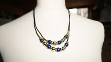 80er Jahre Modeschmuck Kette doppelreihig Lederschnur Blau + Gold Plastikperlen