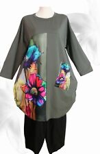 Lagenlook Long Tunika Kleid EG 46 48 50 52 XL XXL Langarm Blumen oliv grün