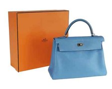 Hermes Kelly Bag 32 Clemence Leder Blau R-Stempel 2014 Palladium Handtasche TOP