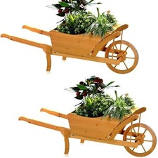 2 Stück Pflanzschubkarre Schubkarre Holz Blumenkarre Pflanztrog Blumenkübel