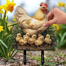 Gartenstecker mit Henne und Küken, Blumentopf-Ornament, 2D-flaches Schild,