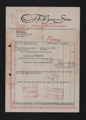 Stettin rechnung 1942 carl - stettin,,