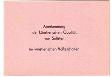 DDR Urkunde Ausweis Blanko Anerkennung künstlerische Qualität Solisten 1972 - 82