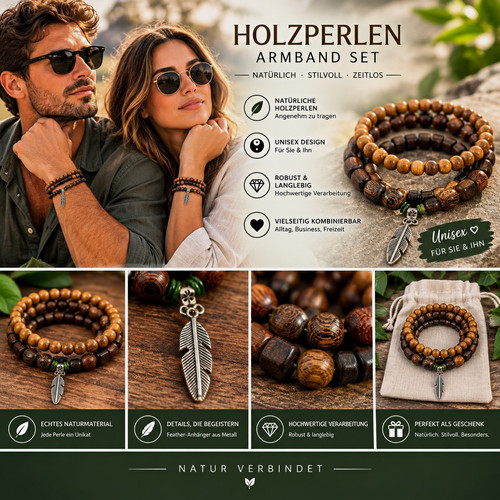 Holzperlen armband set unisex - holzperlen,