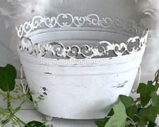 Shabby großer Übertopf Blumenkübel Jardiniere,  Metall oval Weiß Patina,