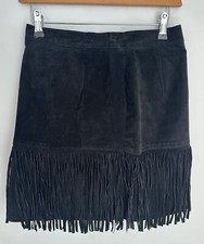 Vintage schwarz Wildleder Western Fransen Minirock Taille 27" Festival Boho Cowboy