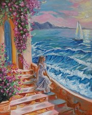 Frau am Meer, Blumiges Haus am
