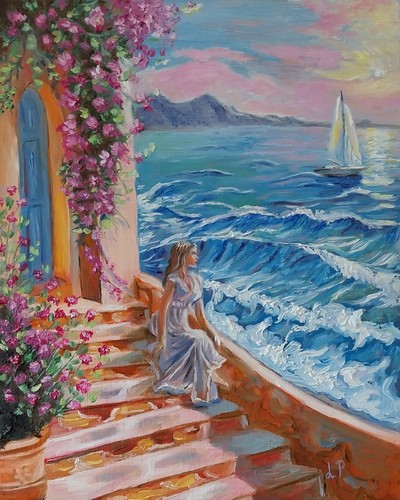 Frau meer blumiges haus am - meer,,