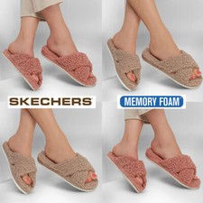 DAMEN SKECHERS HAUSSCHUHE GEPOLSTERT KUSCHELIG MEMORY FOAM FELL PANTOLETTEN SCHUHE CLOGS GRÖßE