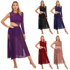 DE Damen Ballettkleid Rundhalsausschnitt Modernes Tanzkleid Einfarbige Tango