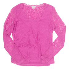 HEINE Spitze Damen Bluse Rosa Langarm Nylon UK 12