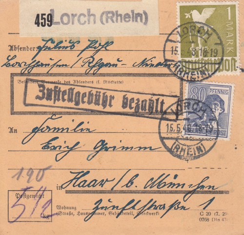 Paketkarte 1948 lorch - paketkarte,