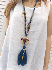 Lange XL Halskette Boho Style Büffel Stierkopf blaue große Quaste