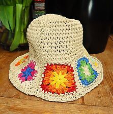 COOLER HÄKELHUT IM HIPPIE STYLE FISCHERHUT HUT GEHÄKELT FALTHUT BEIGE BUNT