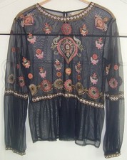 WUNDERSCHÖNE ZARA TÜLL-BLUSE M BLAU BESTICKT STICKEREI TUNIKA