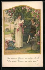 Künstler-AK Pauli Ebner: Junges Paar mit ihrem Baby auf einer Bank 