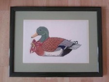 Dänische Stickerei Bild Ente Erpel Aida gezählter Kreuzstich Rahmen Grün Lack