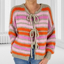 Damen Strickjacke Cardigan Pulli Pullover Jacke Strick Weste Streifen Schleifen