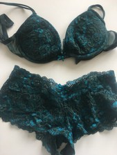 BH-Set Push-up BH und Spitzen Panty blau grün 75A und Slip Unterwäsche S M 38