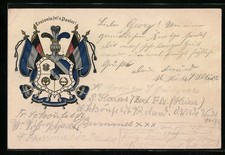 Lithographie Studentenwappen der Teutonia, Ehre, Freiheit, Vaterland 1907 