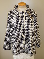 Bouclepulli Zara Cape Sweatshirt XL blau naturweiß Hahnentrittmuster mit Fransen