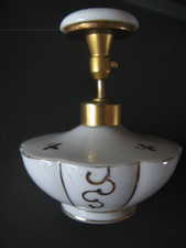 ANTIKER PARFÜM FLAKON DeV  Porzellan weiß mit Gold Verzierung Metall Pumpe 1950