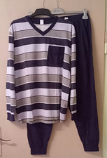 Herren Schlafanzug Langarm Blau - Grau gestreift Größe 52/54