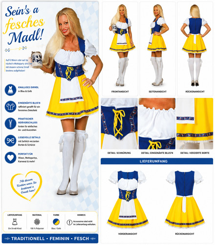 Dirndl damenkostüm blau gelb - dirndl,