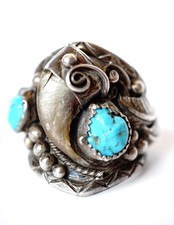Indianer Navajo Ring aus 925 Sterling Silber mit Türkis und Kralle  B4288