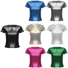 Damen Metallic Party Club Oberteil Festival Glitzer Rundhals T-Shirt Top Bluse