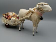 XXL Wollschaf mit Blumenwagen 52 cm Midcentury Holz Masse Handarbeit