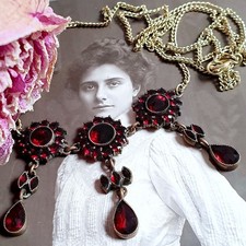 Antik Gold Jugendstil Granat Behang Collier Kette m. Rosenschliff Granat Pampeln