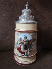 Alter Bierkrug mit Lithophanie  Zinndeckel  Bayrische Tracht  sehr schön