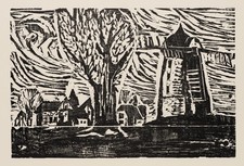 Abstrakte Dorfansicht mit Baum