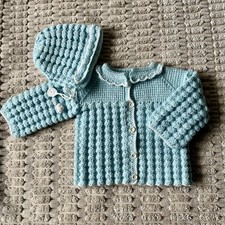 Baby Set Jacke + Mütze handgestrickt/gehäkelt hellblau Gr. ca 56-62