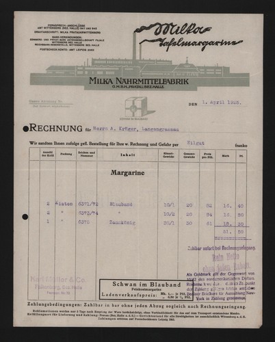 Pratau rechnung 1925 milka - pratau,, 1925,
