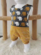 Babystrampler 50/56 senfgelb weiß Strampler Bündchen Elefanten Streifen handmade