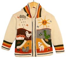 Strickjacke creme weiß bunt, Nr.2, Gr.92*98, Kapuze, Peru Bauernhof Alpaka Tiere