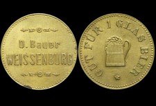 BIERMARKE: Gut für 1 Glas Bier. D. BAUER - WEISSENBURG / BAYERN.