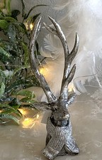Hirsch Hirschkopf m. Schal Geweih Rentier Rentierkopf, Büste Figur Silber, 21 cm