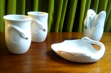 Badezimmer Garnitur Set Porzellan Zahnbürstenhalter Seifenschale Becher Schwan