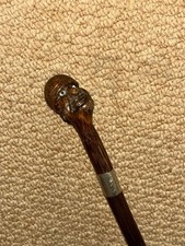 Antiker Gehstock Stock - handgeschnitzte Männerspitze & gepunzt 1914 Silberkragen