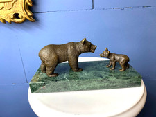 Bronze Skulptur Bär mit Jungtier  auf  Marmor sockel Nach Milo